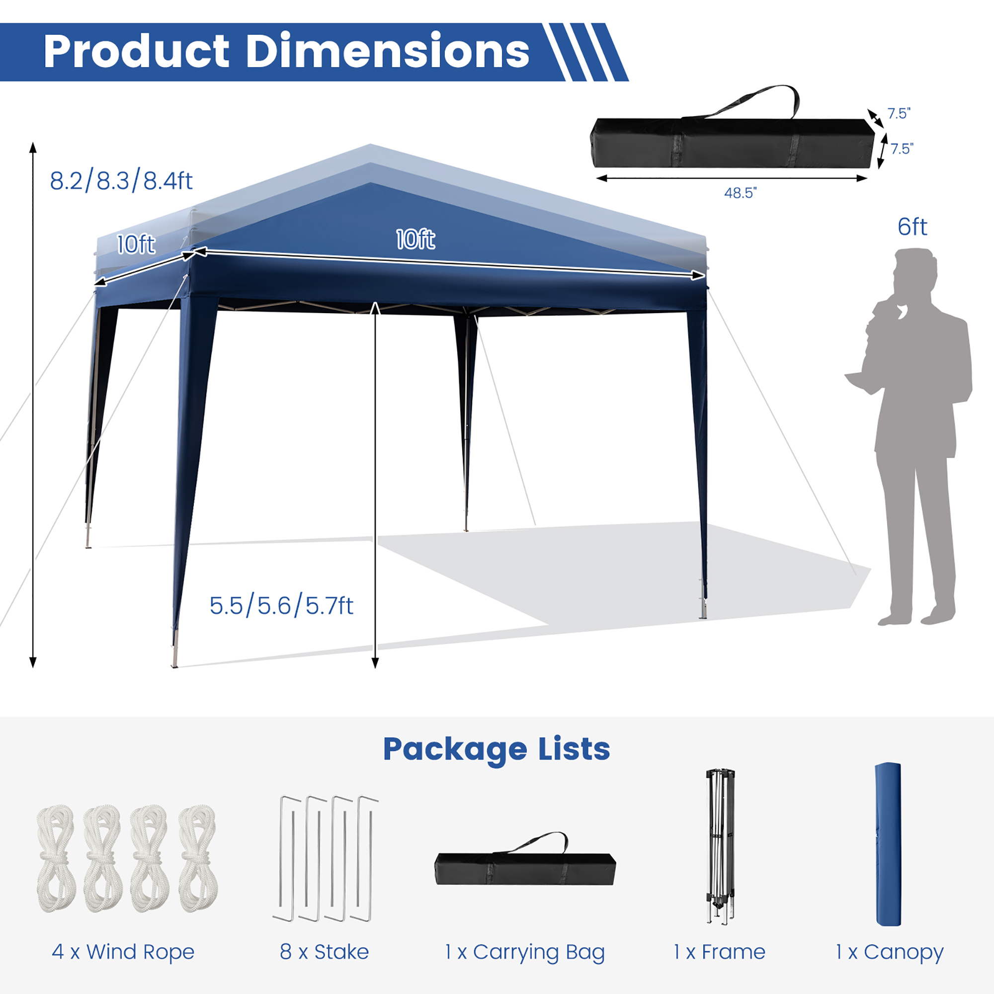 Costway Patio 10x10ft Outdoor Instant Pop-up Canopy Folding Sun Shelter Carry Bag Navy/Grey/White