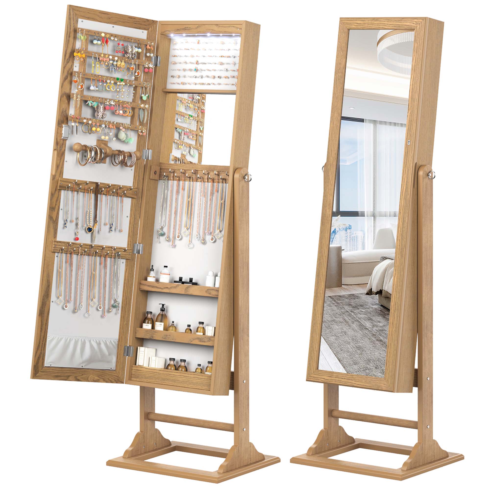 Costway Jewelry Cabinet Full-Length Mirror Lockable Jewelry Armoire with 6 Lights Beige/Natural
