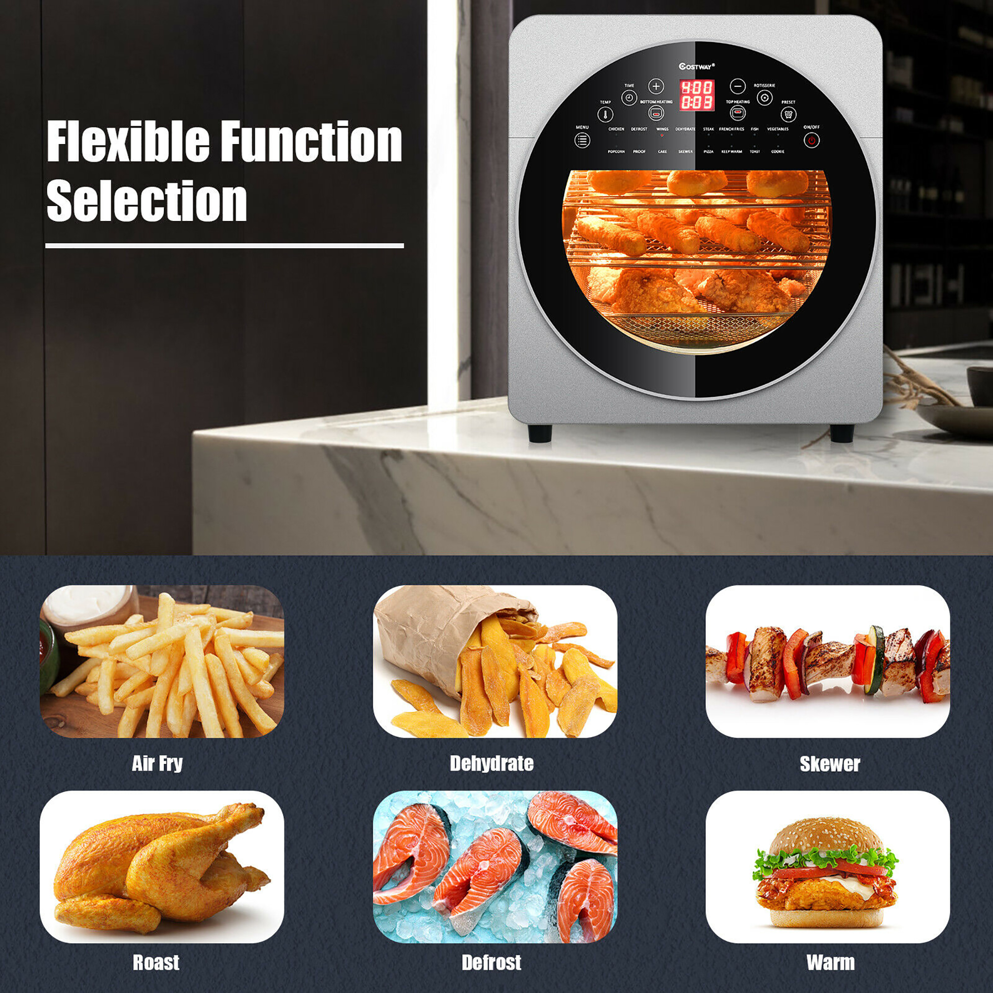 Costway 16-in-1 Air Fryer Oven 15.5 QT Toaster Oven Dehydrator Rotisserie w/ Accessories Silver