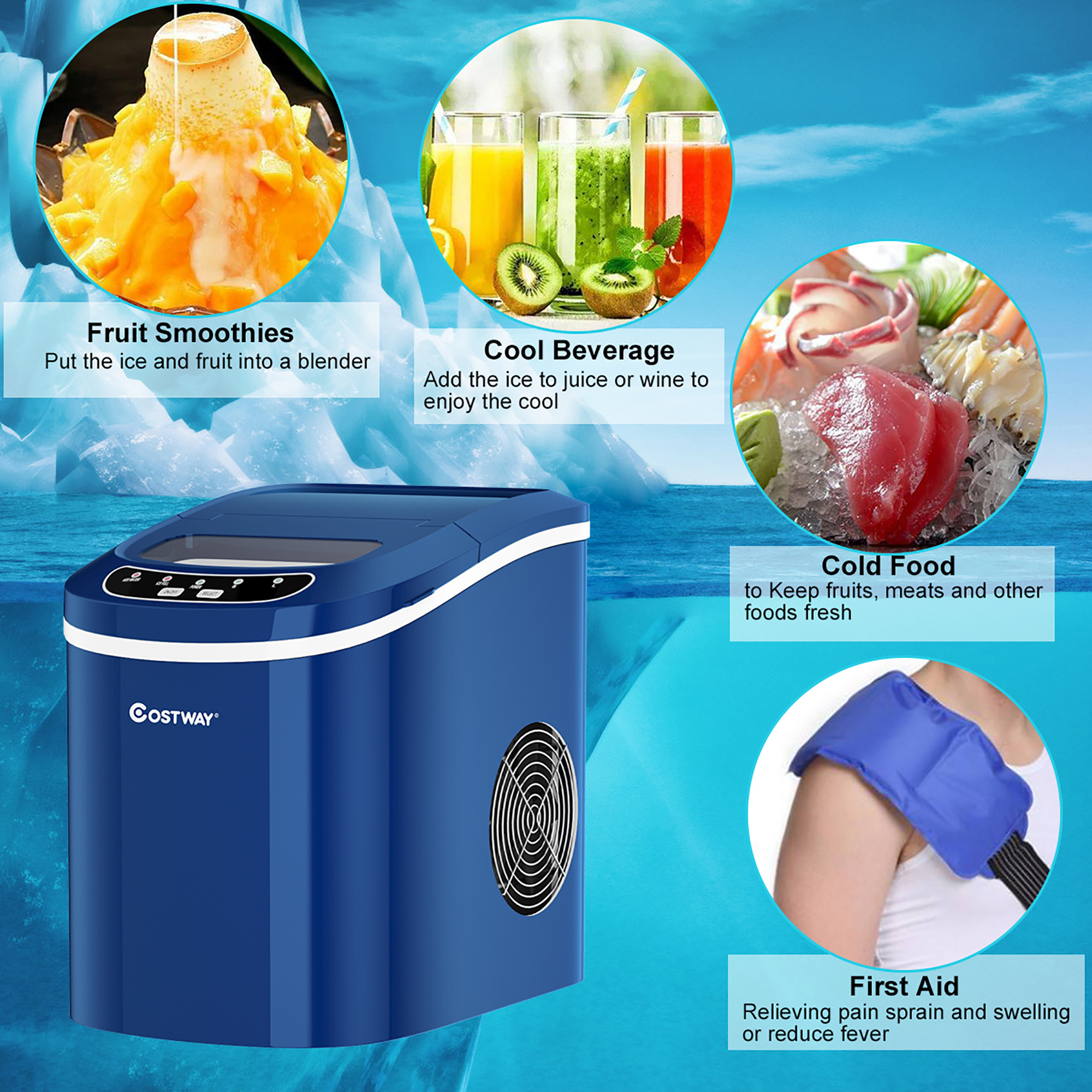 Costway Portable Compact Electric Ice Maker Machine Mini Cube 26lb/Day ABS Navy