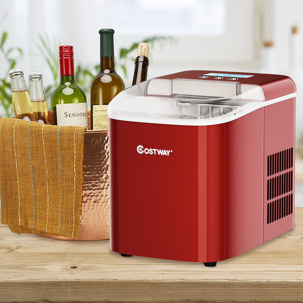 Costway Portable Ice Maker Machine Countertop 26LBS/24H LCD Display w/Ice Scoop Red