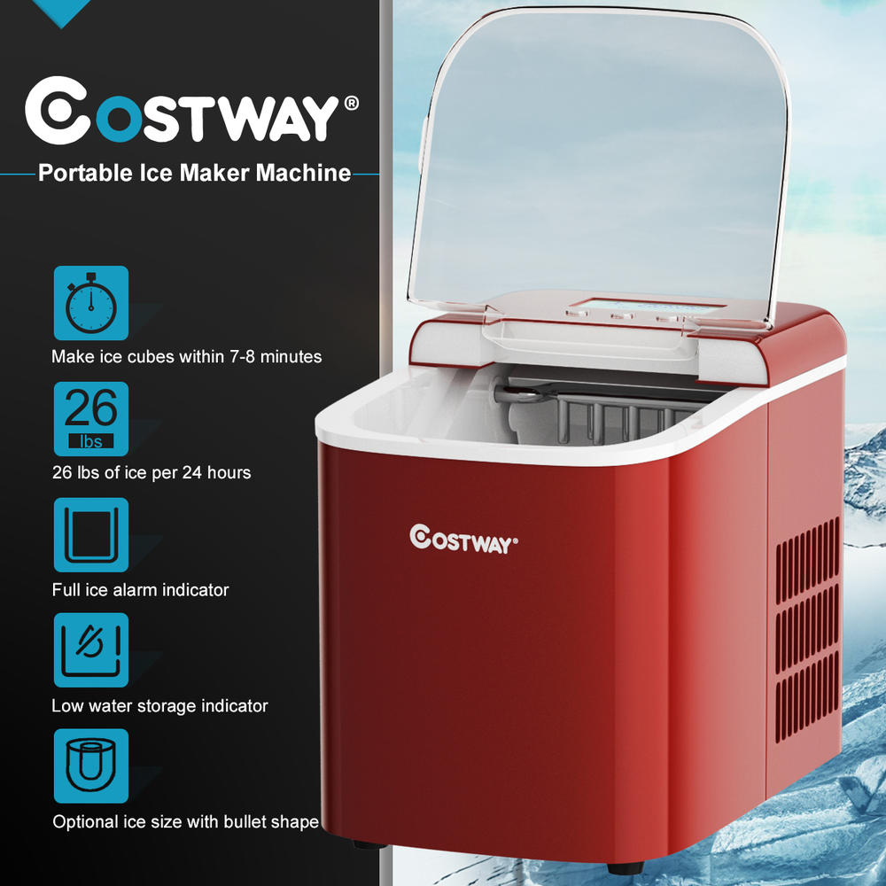 Costway Portable Ice Maker Machine Countertop 26LBS/24H LCD Display w/Ice Scoop Red
