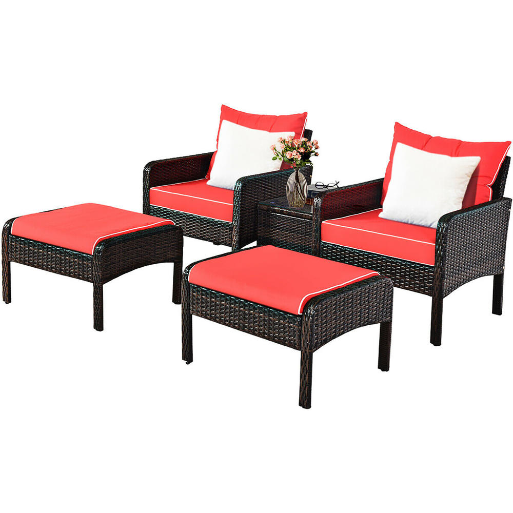 Costway 5 PCS Patio Rattan Furniture Set Sofa Ottoman Table Cushioned Yard Red