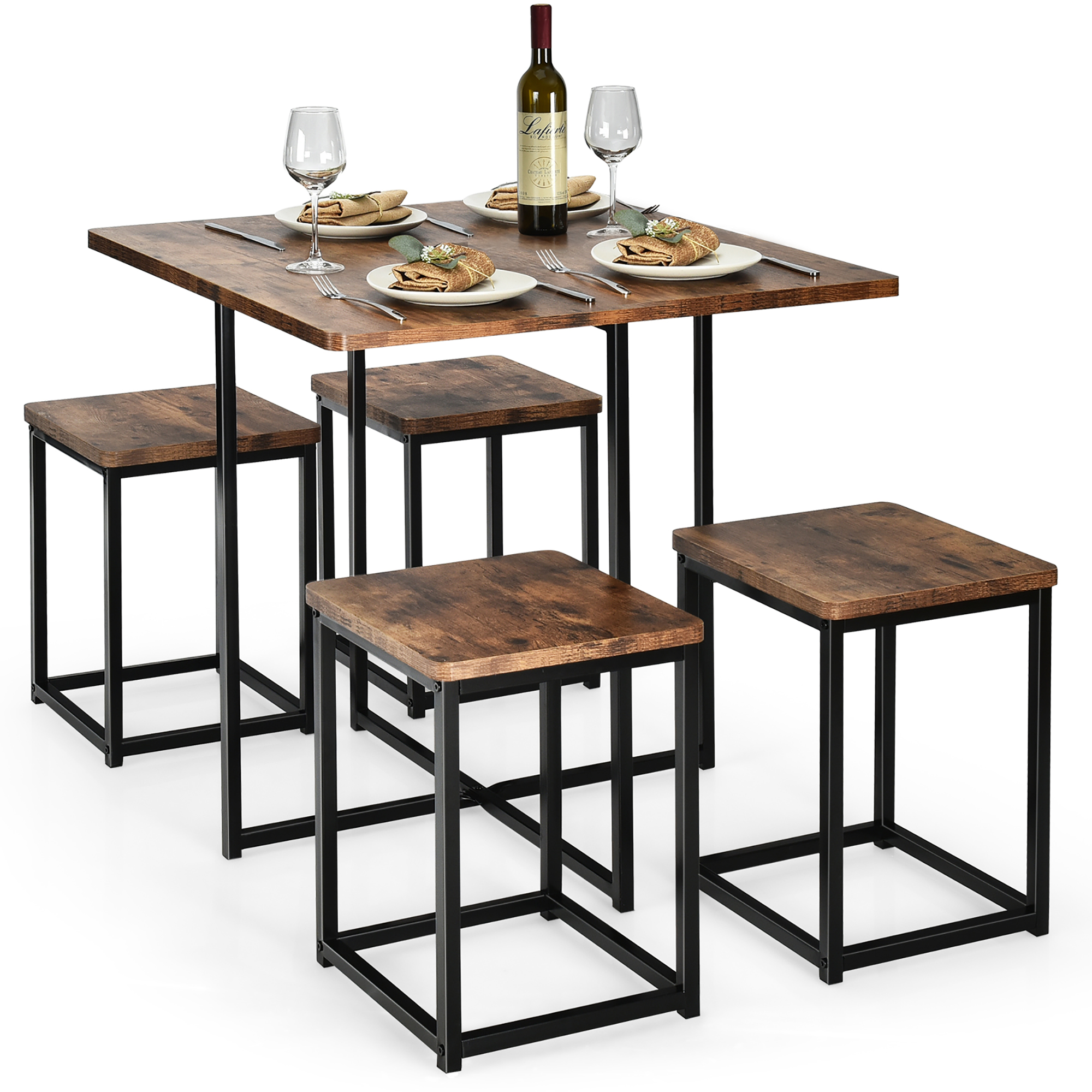 Costway 5pcs Dining Set Compact Dining Table and 4 Stools Metal Frame Nature\ Vintage Walnut