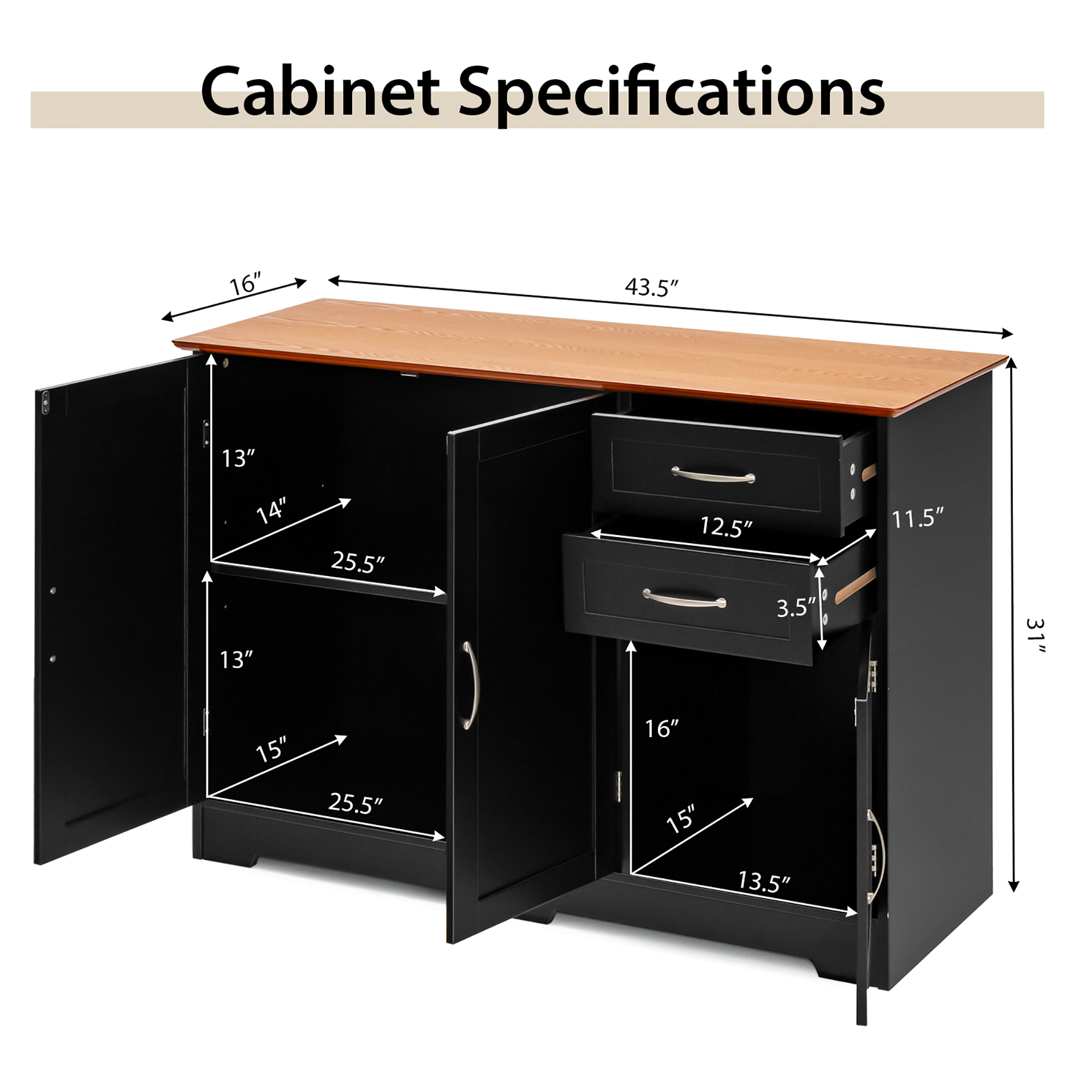 Costway Buffet Sideboard Kitchen Cupboard Storage Cabinet with  2 Drawers & 3 Doors Black