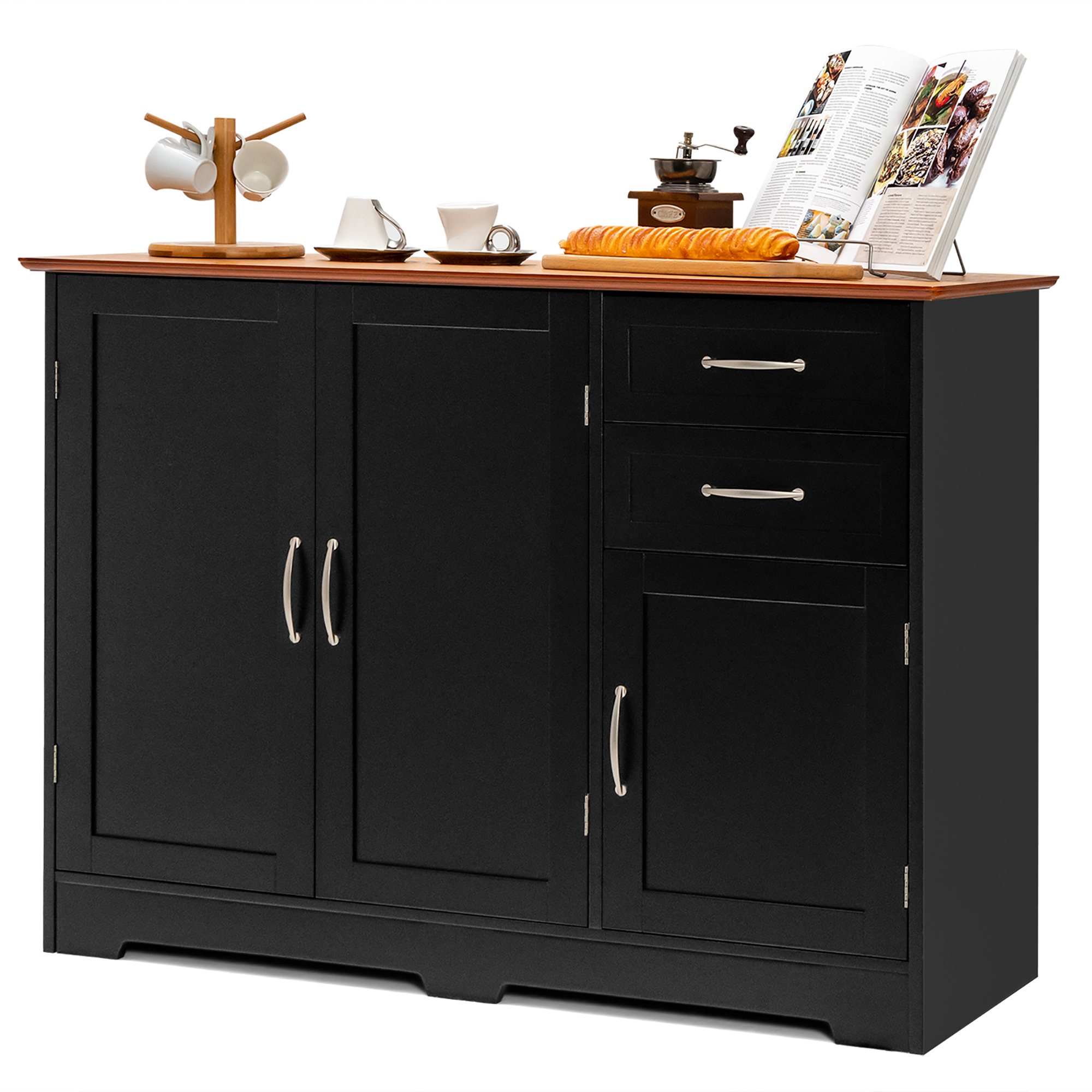 Costway Buffet Sideboard Kitchen Cupboard Storage Cabinet with  2 Drawers & 3 Doors Black