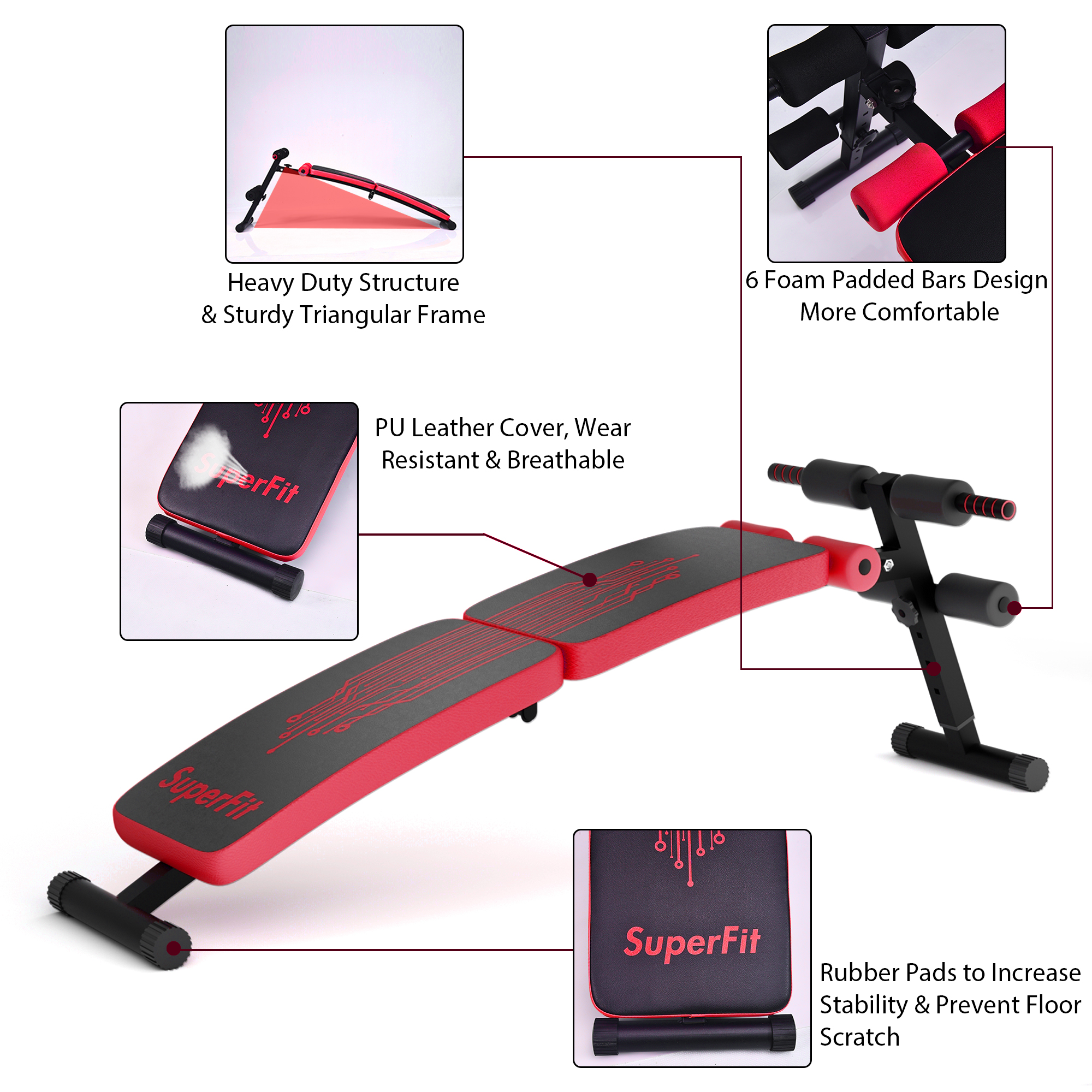 Costway SuperFit Folding Weight Bench Adjustable Sit-up Board Curved Decline Bench Red