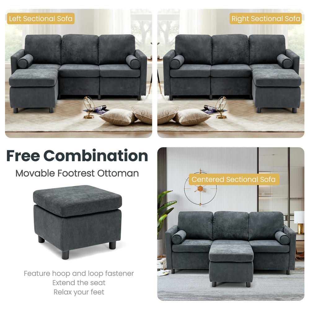 Costway Convertible Sectional Sofa 3 Seat L-Shape Couch Movable Ottoman Toweling Fabric