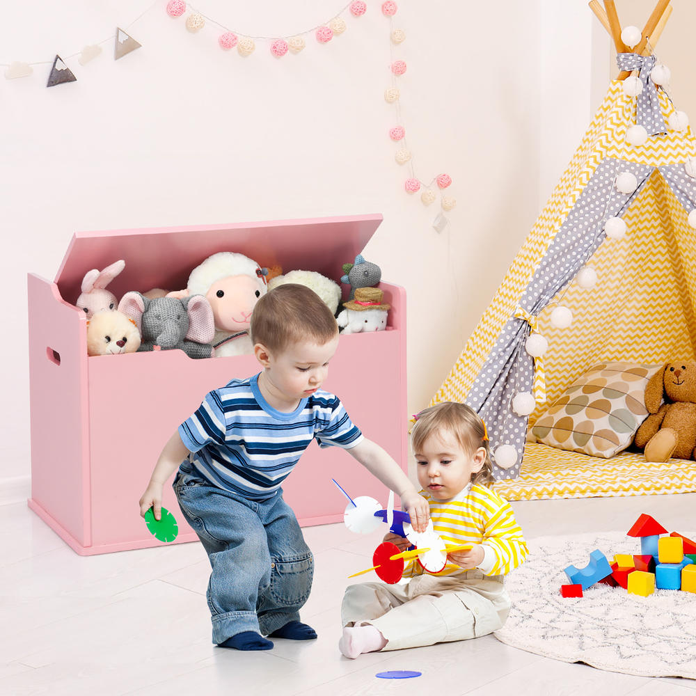 Costway Babyjoy Kids Toy Box Wooden Flip-top Storage Chest Bench W/ Cushion Safety Hinge Pink
