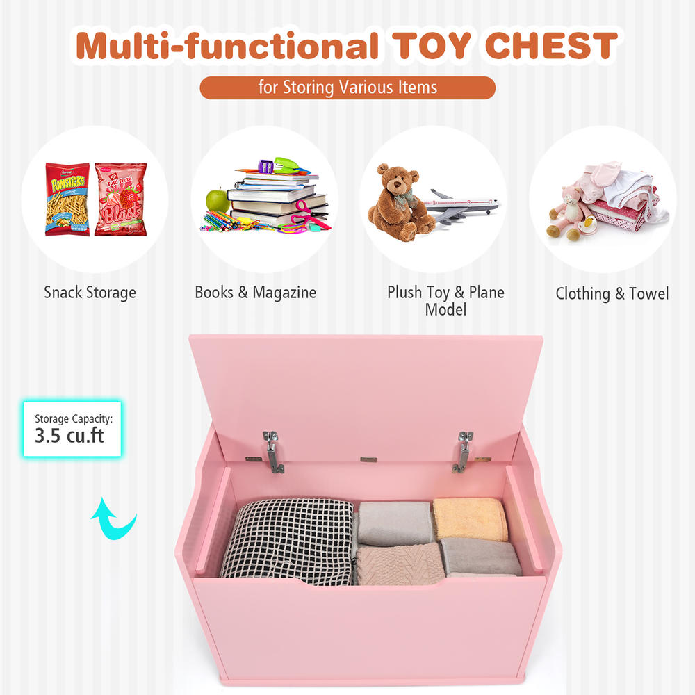Costway Babyjoy Kids Toy Box Wooden Flip-top Storage Chest Bench W/ Cushion Safety Hinge Pink