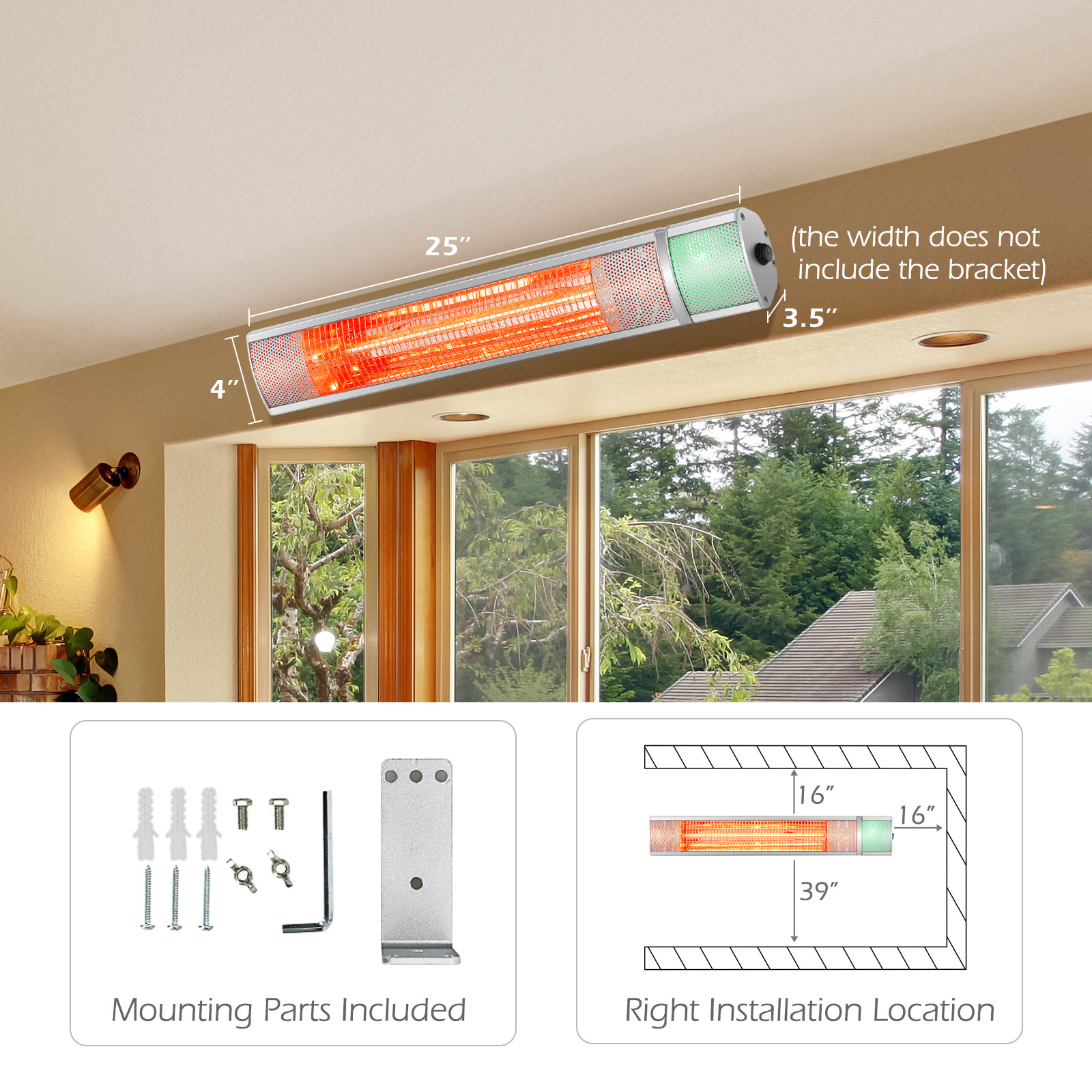 Costway Wall-Mounted Patio Heater 750W/1500W Infrared Heater with 9-Level Adjustable 24H Timer & Remote Control Silver