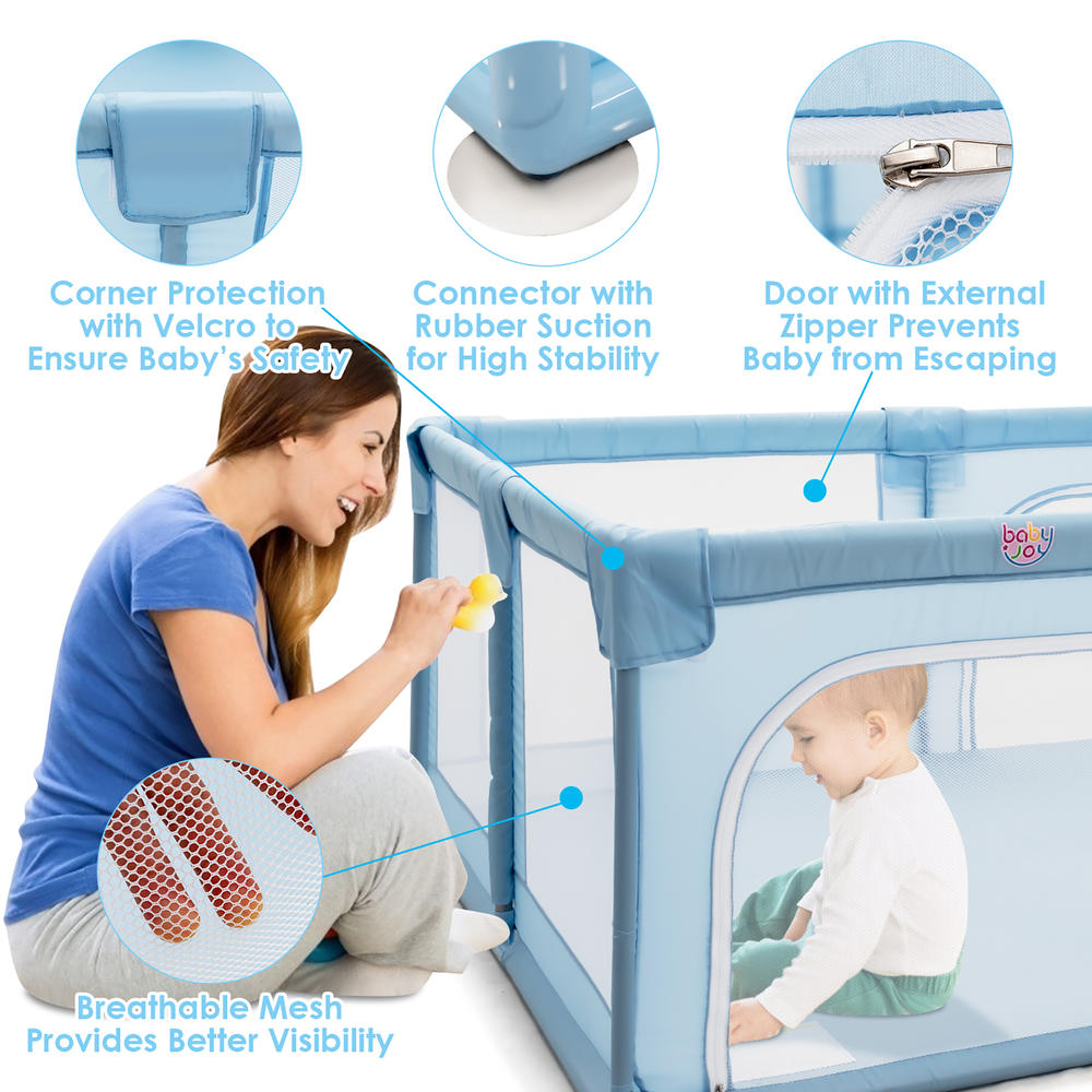 Costway Babyjoy Playpen Extra Large Unisex Kids Baby Activity Center Safety Play Yard with Gate Beige/Blue/Gray