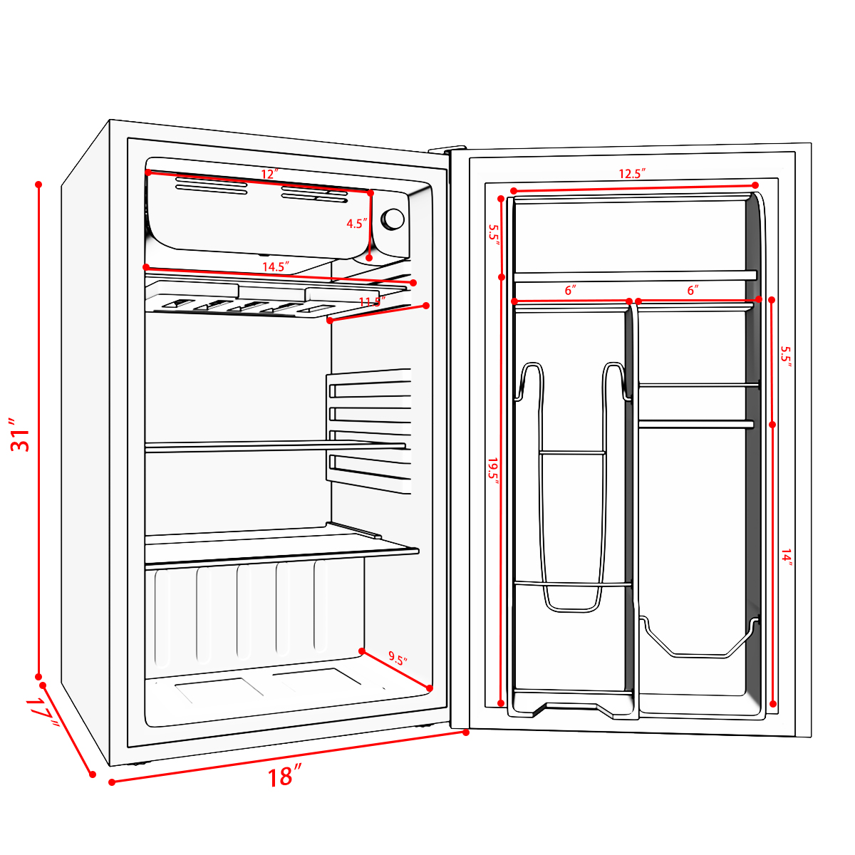Costway 3.2 Cu.Ft. Compact Refrigerator Mini Dorm Small Fridge Freezer Reversible Door