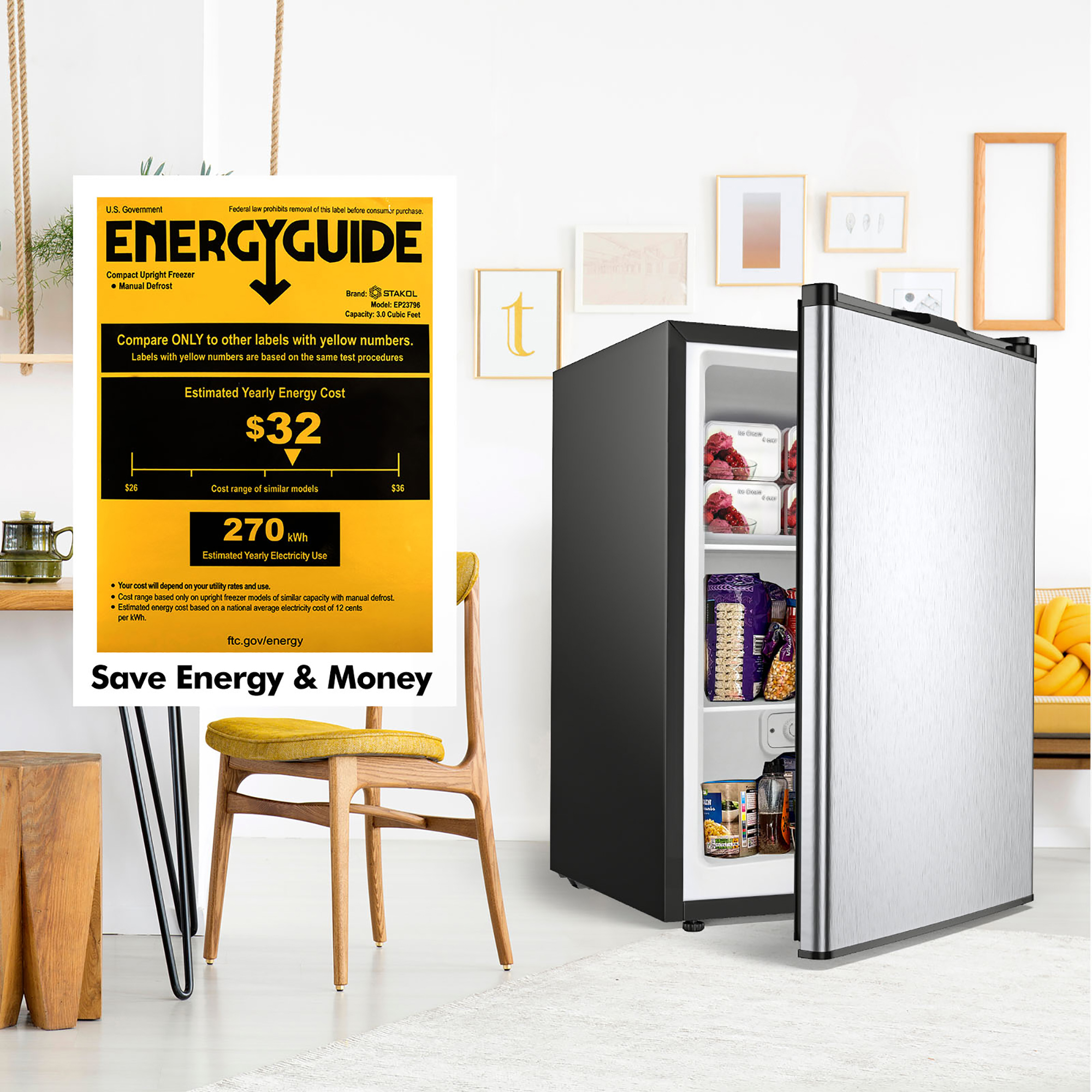 Commercial Cool Upright Stand Up Compact Mini Freezer 2.8 Cu. Ft. White