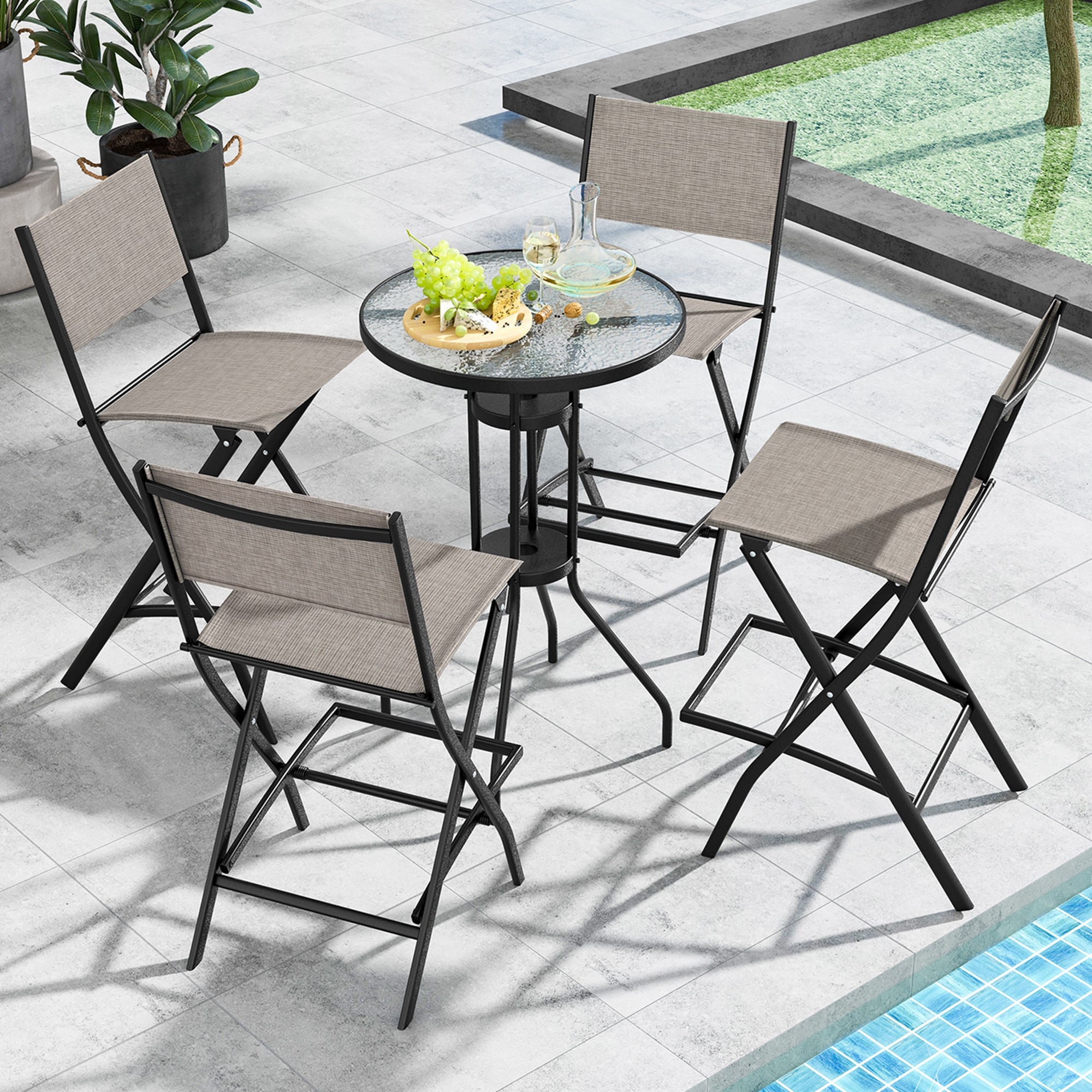 Costway Set of 4 Outdoor Bar Chair Folding Bar Height Stool with Metal Frame Blue/Coffee