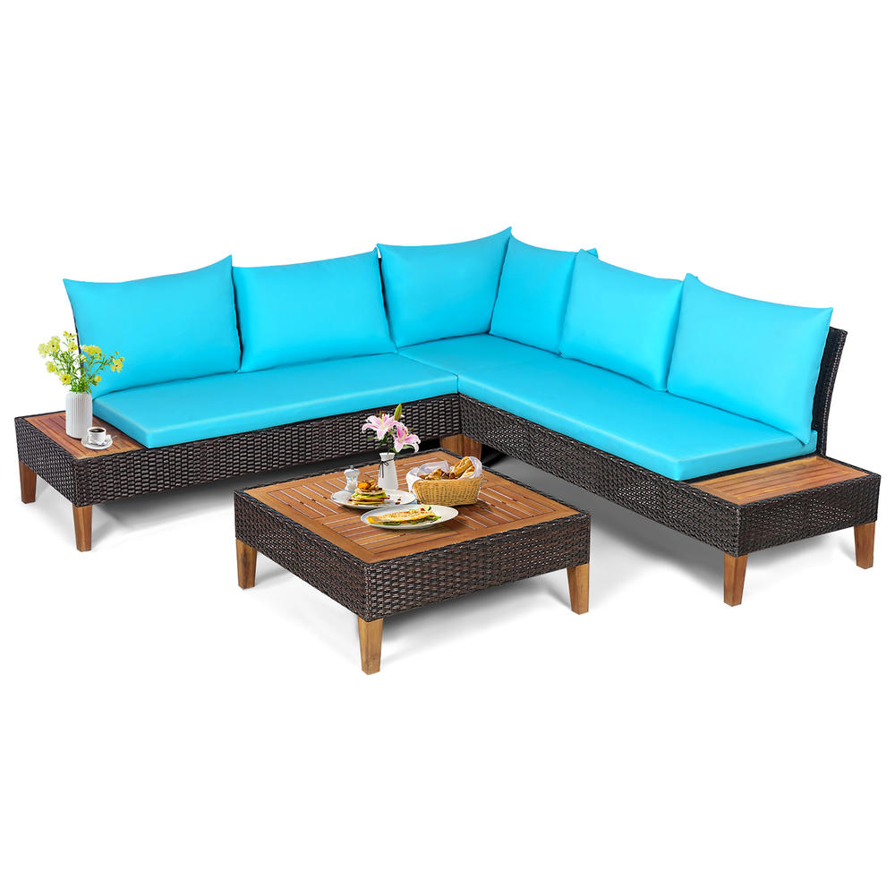 Costway 4PCS Patio Rattan Furniture Set Cushioned Loveseat w/Wooden Side Table