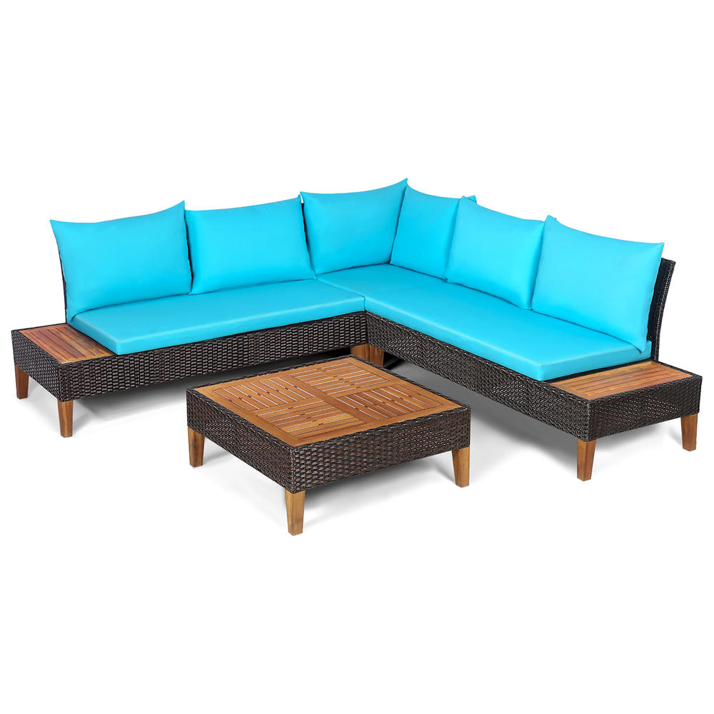 Costway 4PCS Patio Rattan Furniture Set Cushioned Loveseat w/Wooden Side Table
