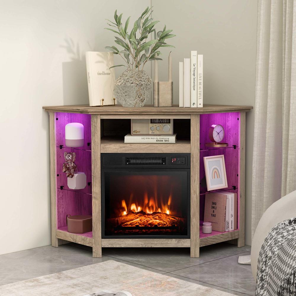 Costway Fireplace TV Stand w/ Led Lights & 18" Electric Fireplace for Tvs up to 50"  Grey/Rustic/Black