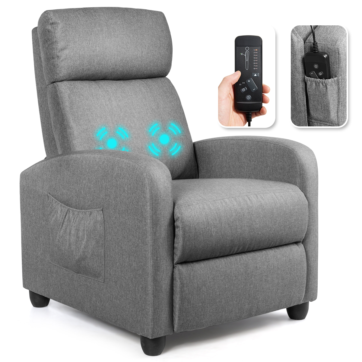 Costway Recliner Massage Chair, Ergonomic Adjustable Single Sofa with Padded Seat Grey