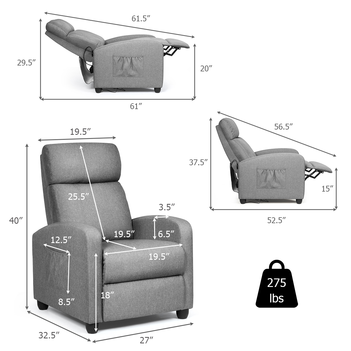 Costway Recliner Massage Chair, Ergonomic Adjustable Single Sofa with Padded Seat Grey