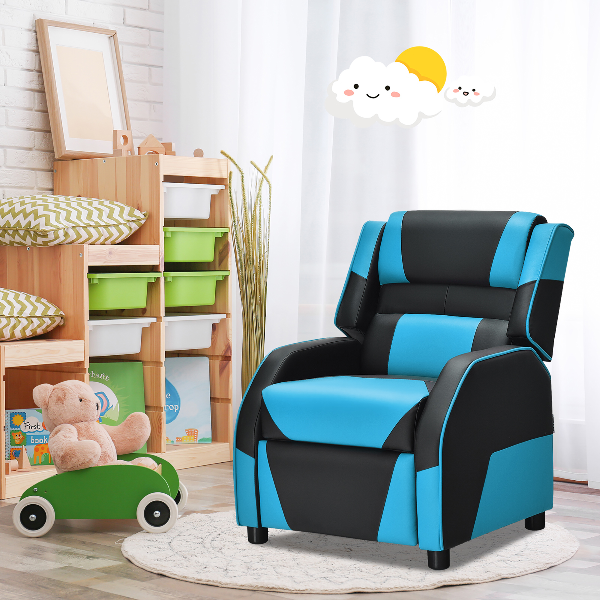 Costway Kids Youth Gaming Sofa Recliner w/Headrest & Footrest PU Leather Blue