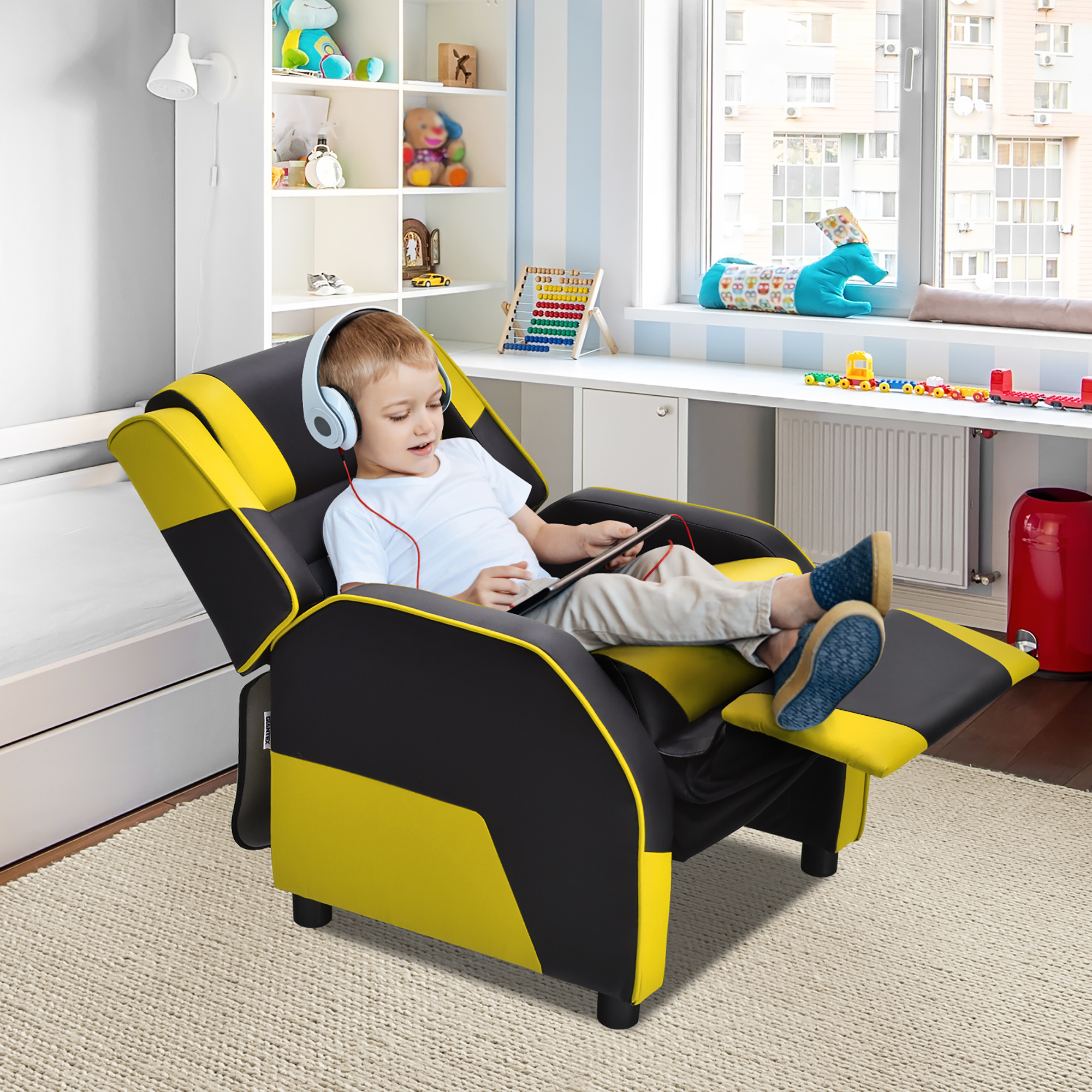 Costway Kids Youth Gaming Sofa Recliner w/Headrest & Footrest PU Leather Yellow