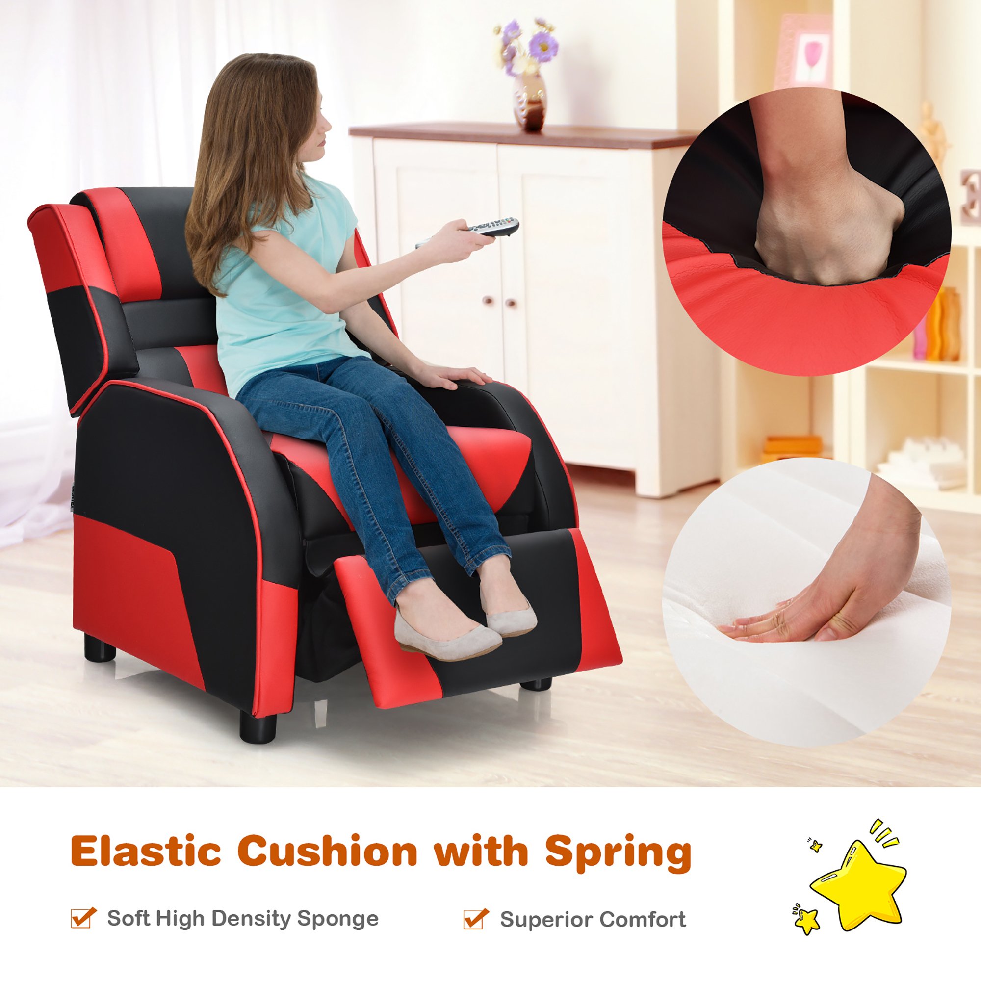 Costway Kids Youth Gaming Sofa Recliner w/Headrest & Footrest PU Leather Red