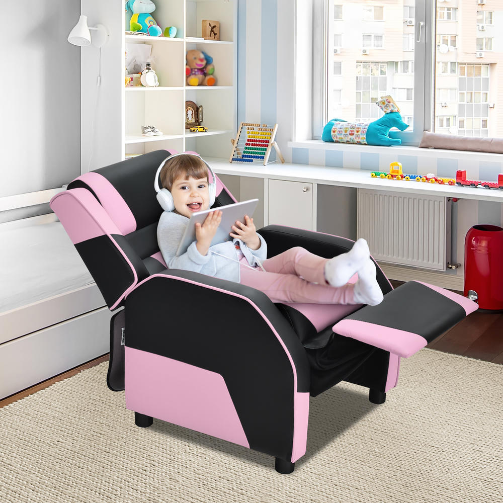 Costway Kids Youth Gaming Sofa Recliner w/ Headrest & Footrest PU Leather Pink