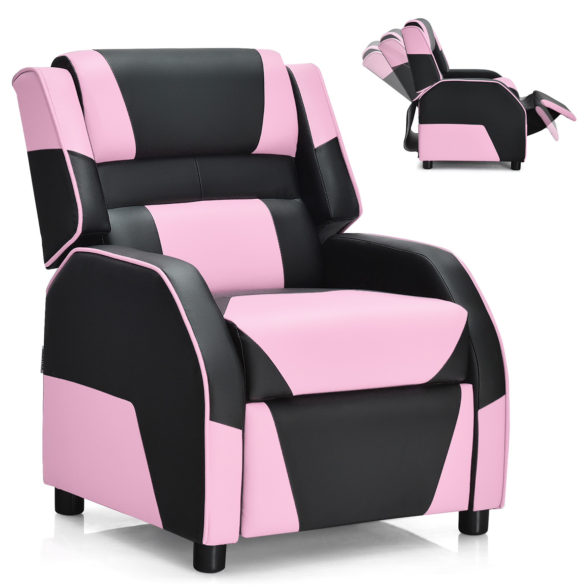 Costway Kids Youth Gaming Sofa Recliner w/ Headrest & Footrest PU Leather Pink