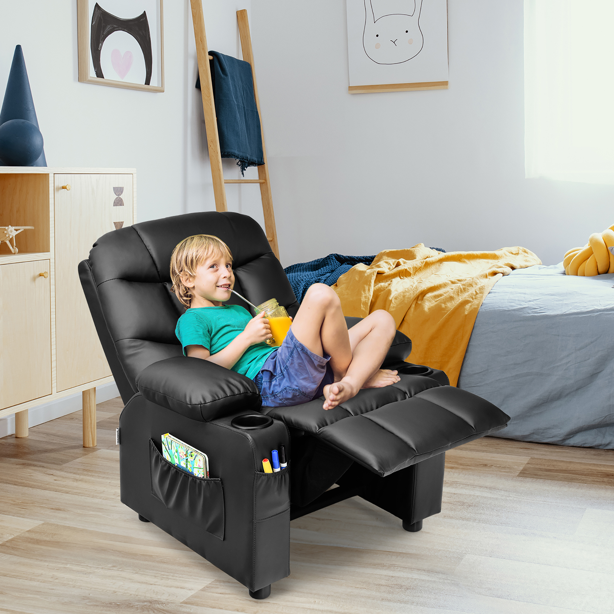 Costway Kids Youth Recliner Chair PU Leather w/Cup Holders & Side Pockets Black