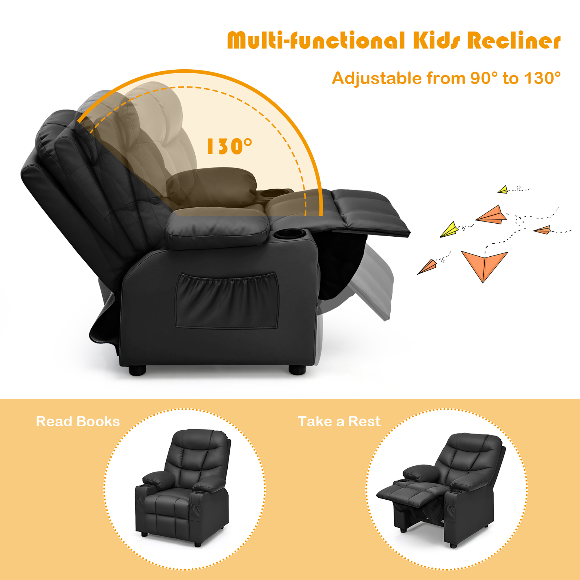 Costway Kids Youth Recliner Chair PU Leather w/Cup Holders & Side Pockets Black