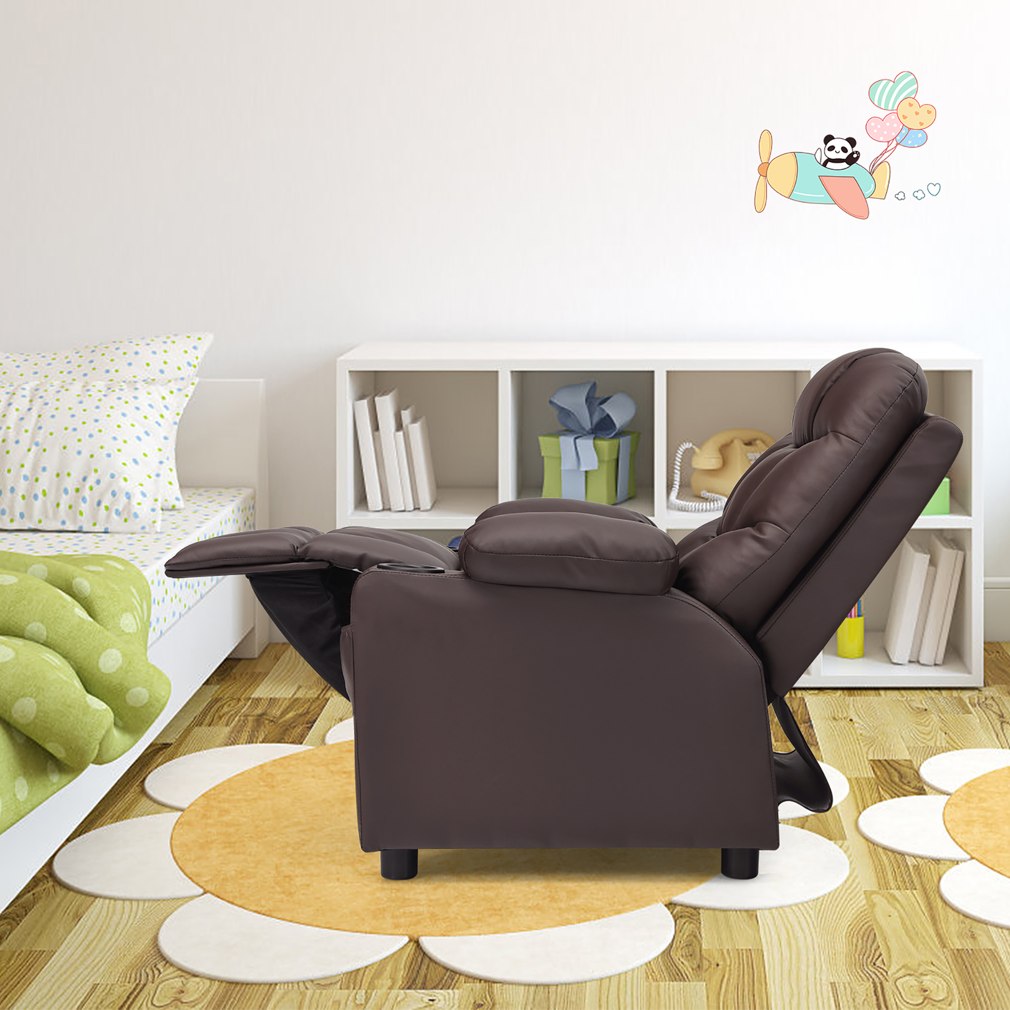 Costway Kids Youth Recliner Chair PU Leather w/Cup Holders & Side Pockets Brown