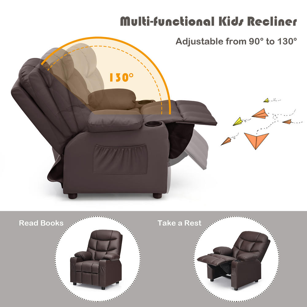 Costway Kids Youth Recliner Chair PU Leather w/Cup Holders & Side Pockets Brown