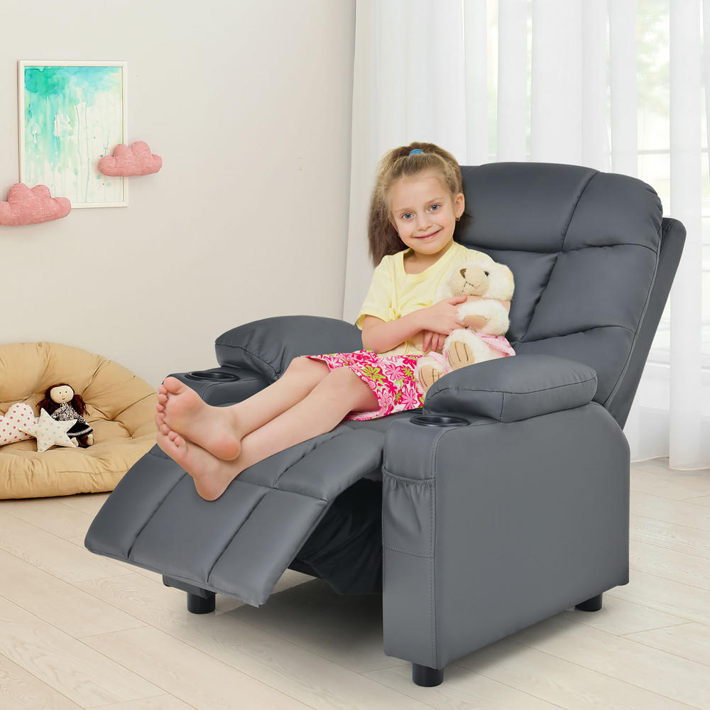Costway Kids Youth Recliner Chair PU Leather w/Cup Holders & Side Pockets Grey