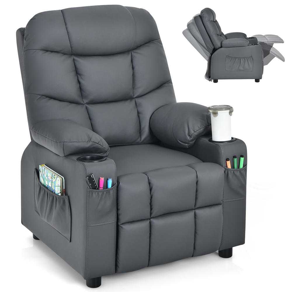 Costway Kids Youth Recliner Chair PU Leather w/Cup Holders & Side Pockets Grey