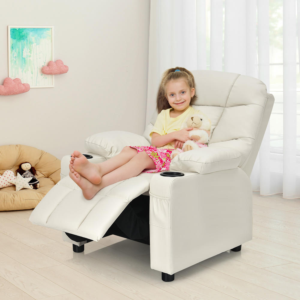 Costway Kids Youth Recliner Chair PU Leather w/Cup Holders & Side Pockets Beige
