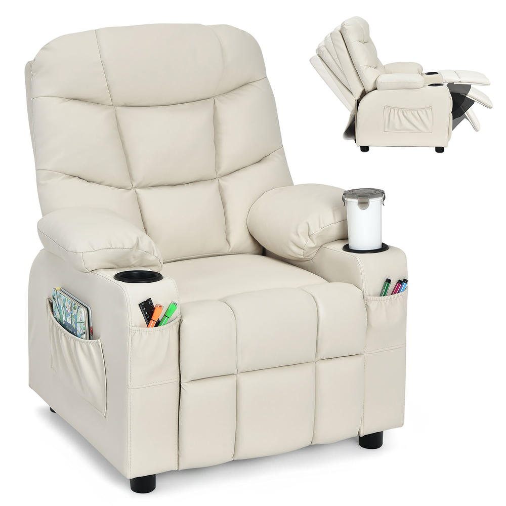 Costway Kids Youth Recliner Chair PU Leather w/Cup Holders & Side Pockets Beige