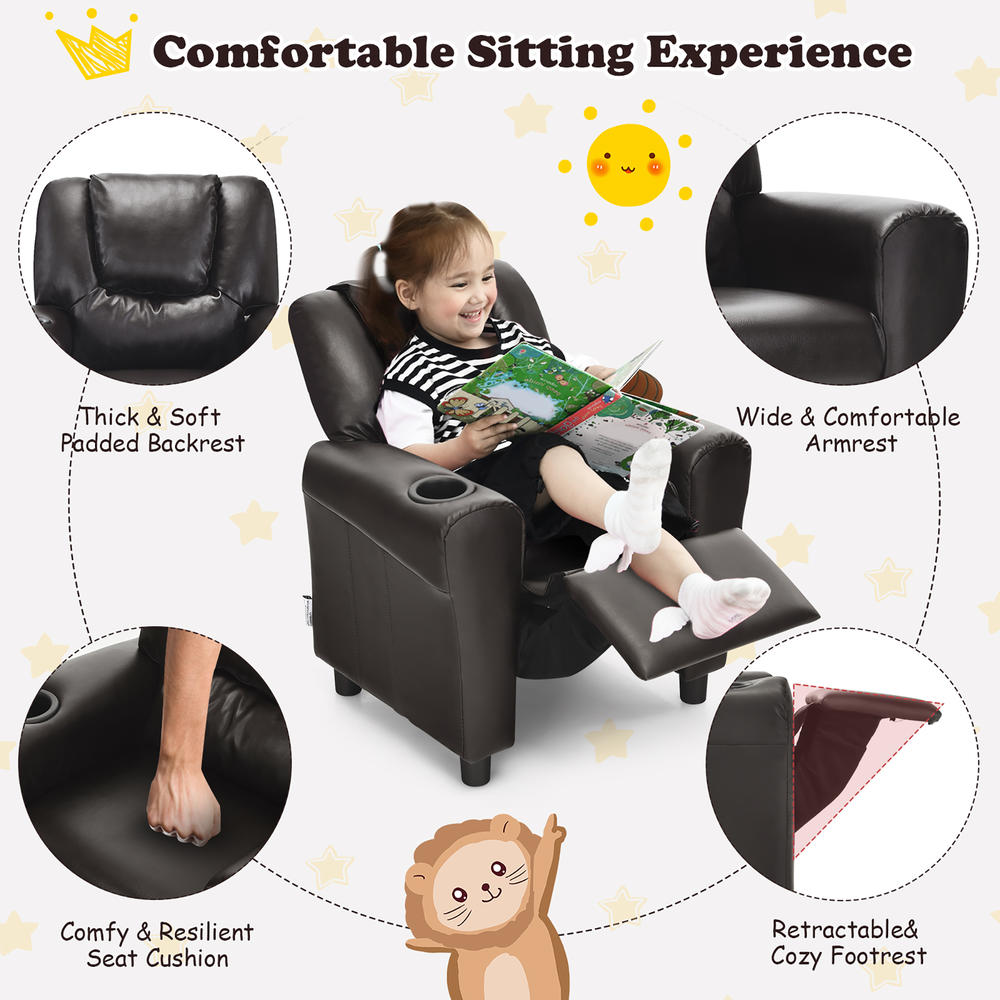 Costway Kids Recliner Chair PU Leather Armrest Sofa w/Footrest Cup Holder Brown