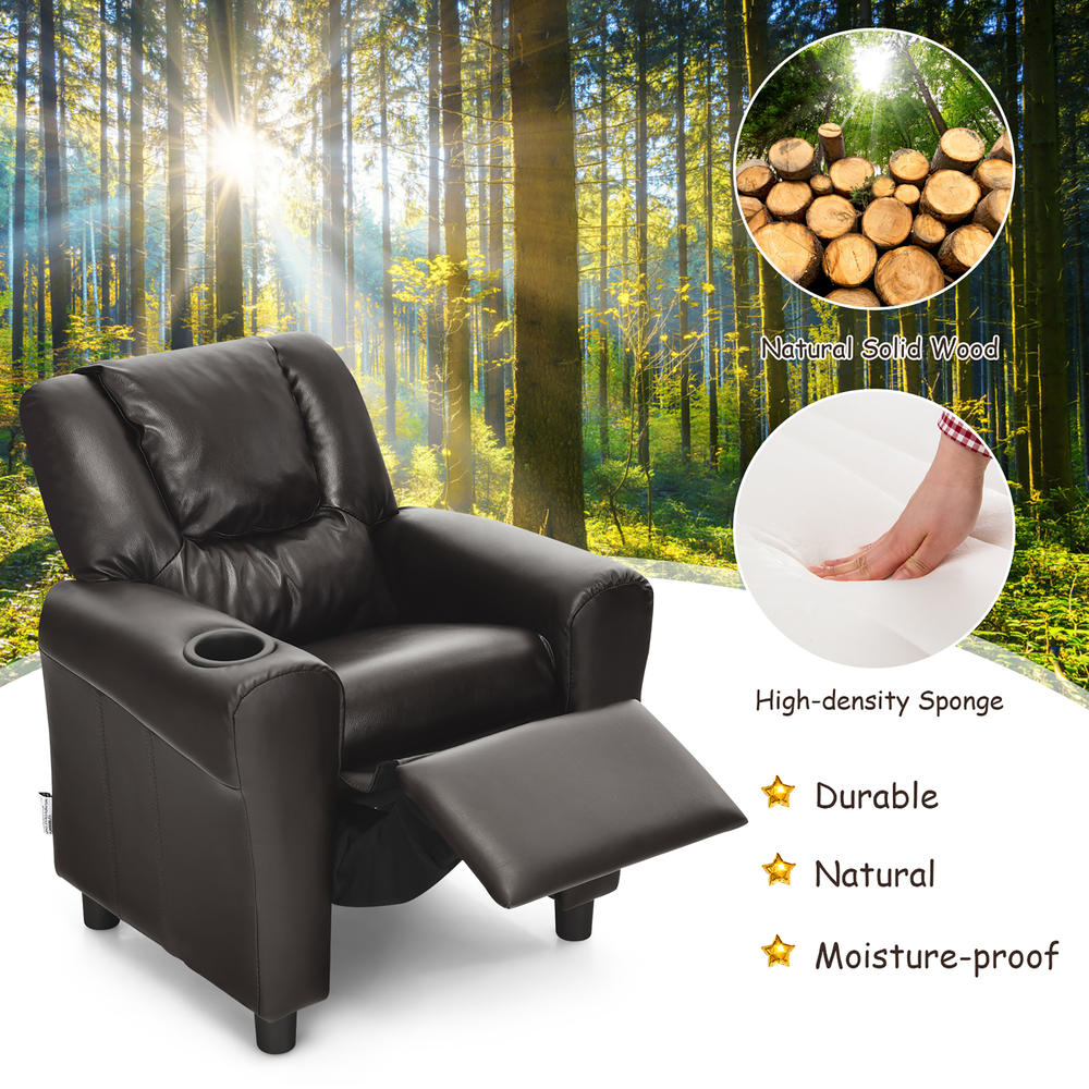 Costway Kids Recliner Chair PU Leather Armrest Sofa w/Footrest Cup Holder Brown