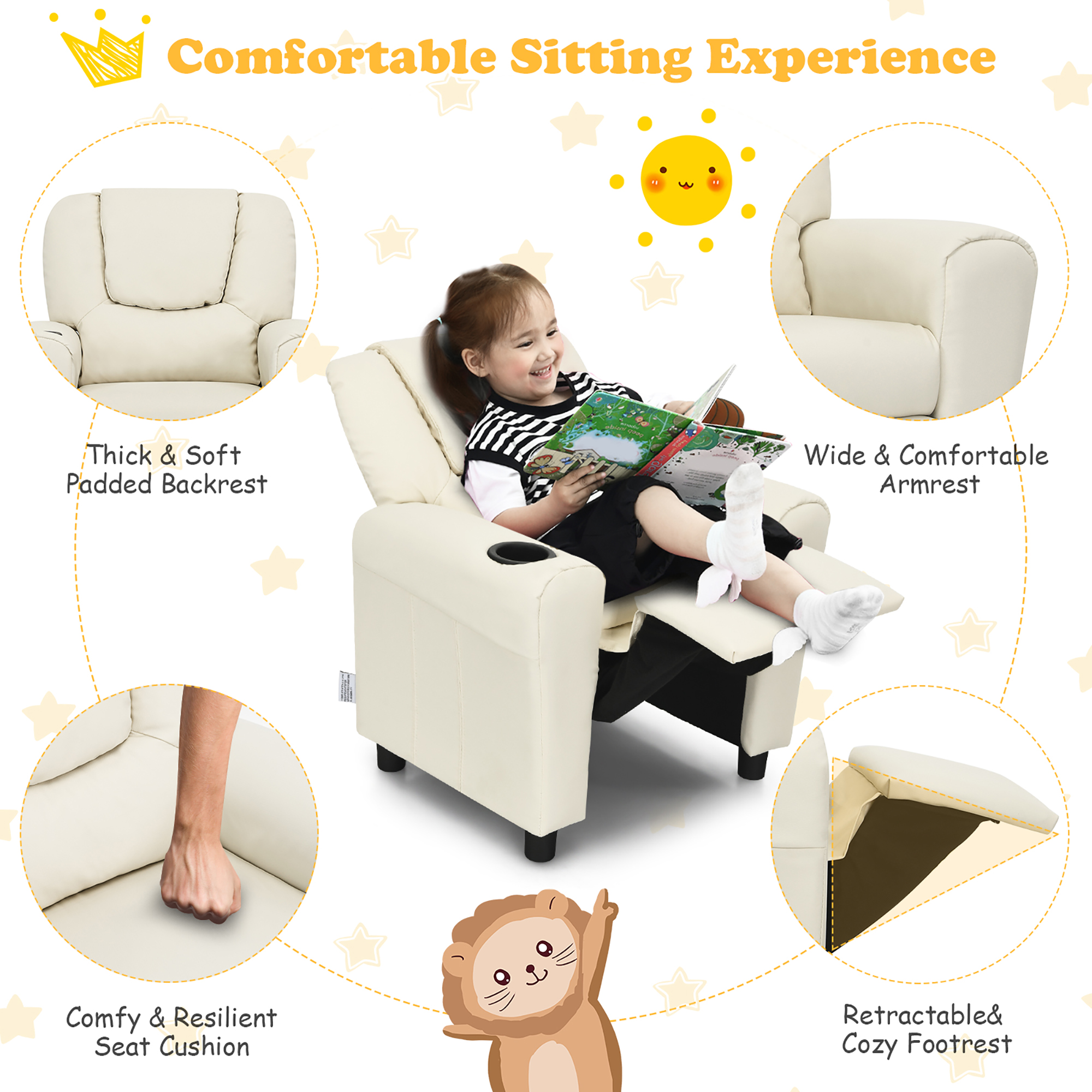 Costway Kids Recliner Chair PU Leather Armrest Sofa w/Footrest Cup Holder Beige