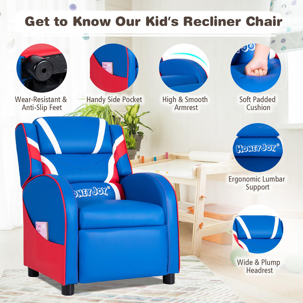 Costway Kids Recliner Chair Gaming Sofa PU Leather Armchair w/Side Pockets Blue