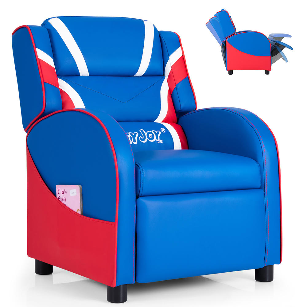 Costway Kids Recliner Chair Gaming Sofa PU Leather Armchair w/Side Pockets Blue