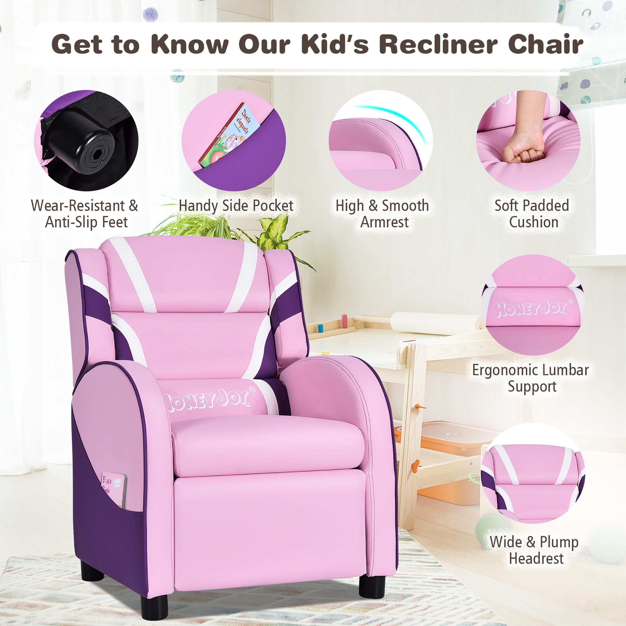 Costway Kids Recliner Chair Gaming Sofa PU Leather Armchair w/Side Pockets Pink