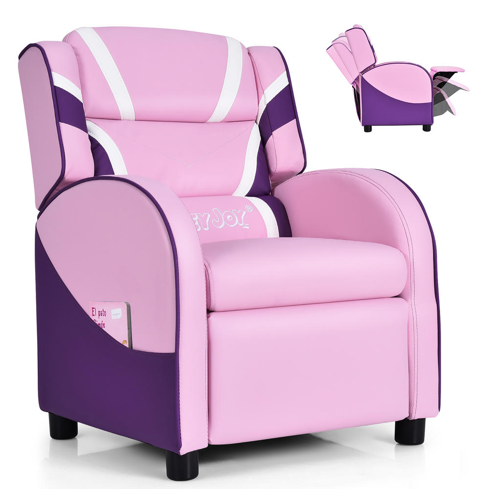 Costway Kids Recliner Chair Gaming Sofa PU Leather Armchair w/Side Pockets Pink