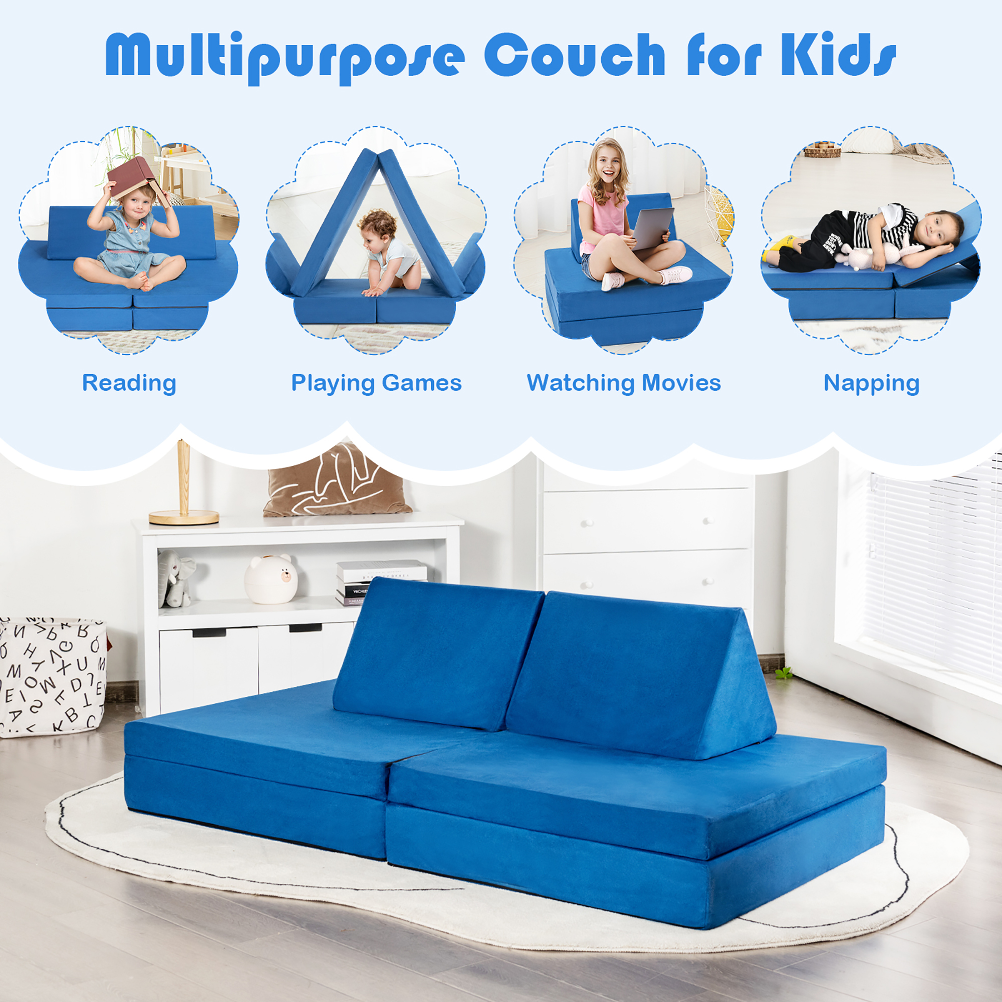 Costway 4-Piece Convertible Kids Couch or 2 Chairs Toddler to Teen Sofa and Play Set Blue