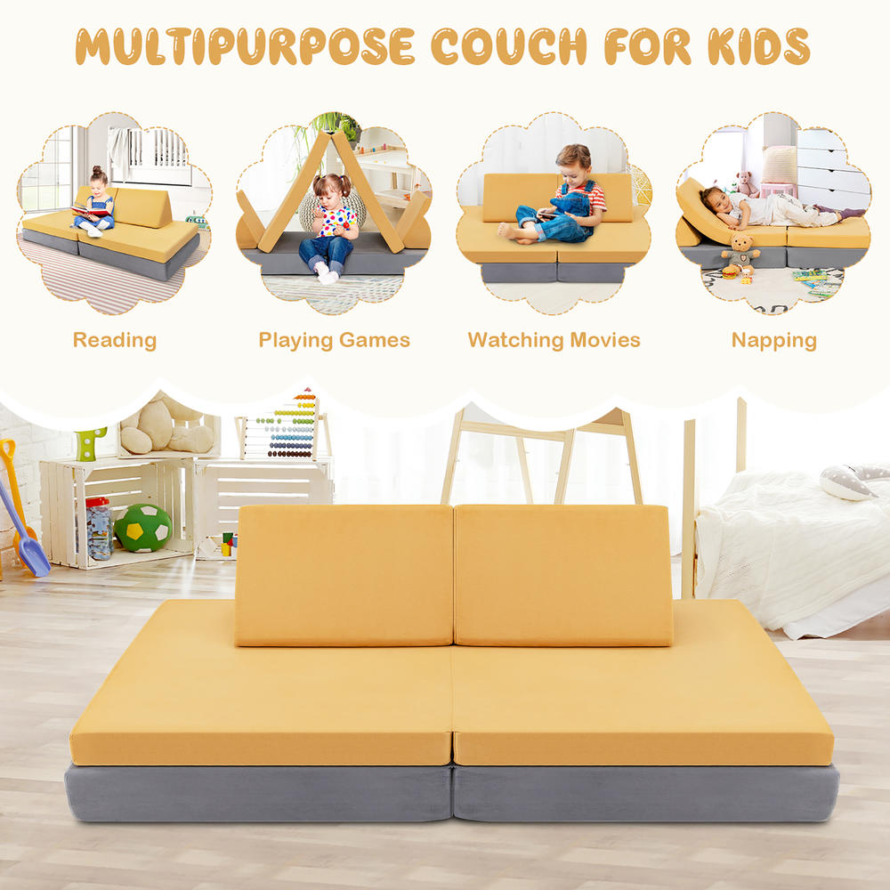 Costway 4-Piece Convertible Kids Couch or 2 Chairs Toddler to Teen Sofa and Play Set Yellow