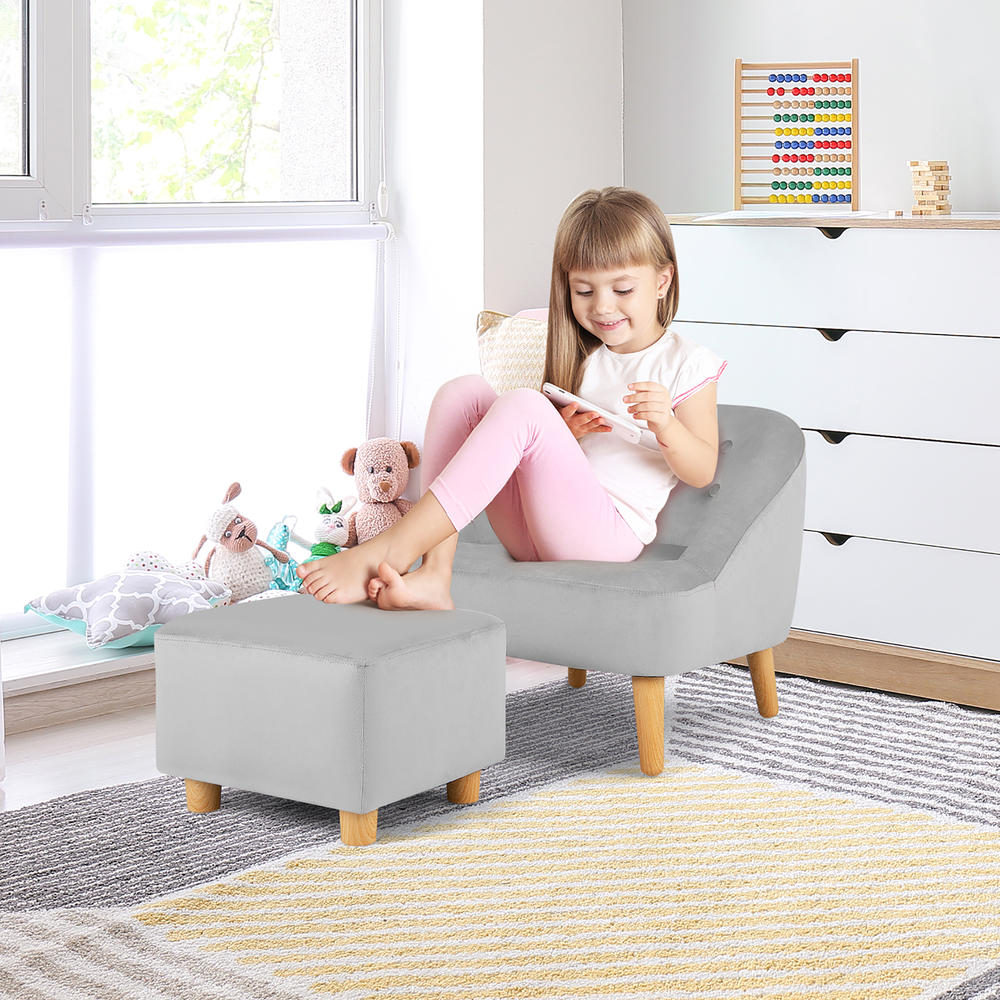 Costway Kids Sofa Chair w/ Ottoman Toddler Single Sofa Velvet Upholstered Couch Grey