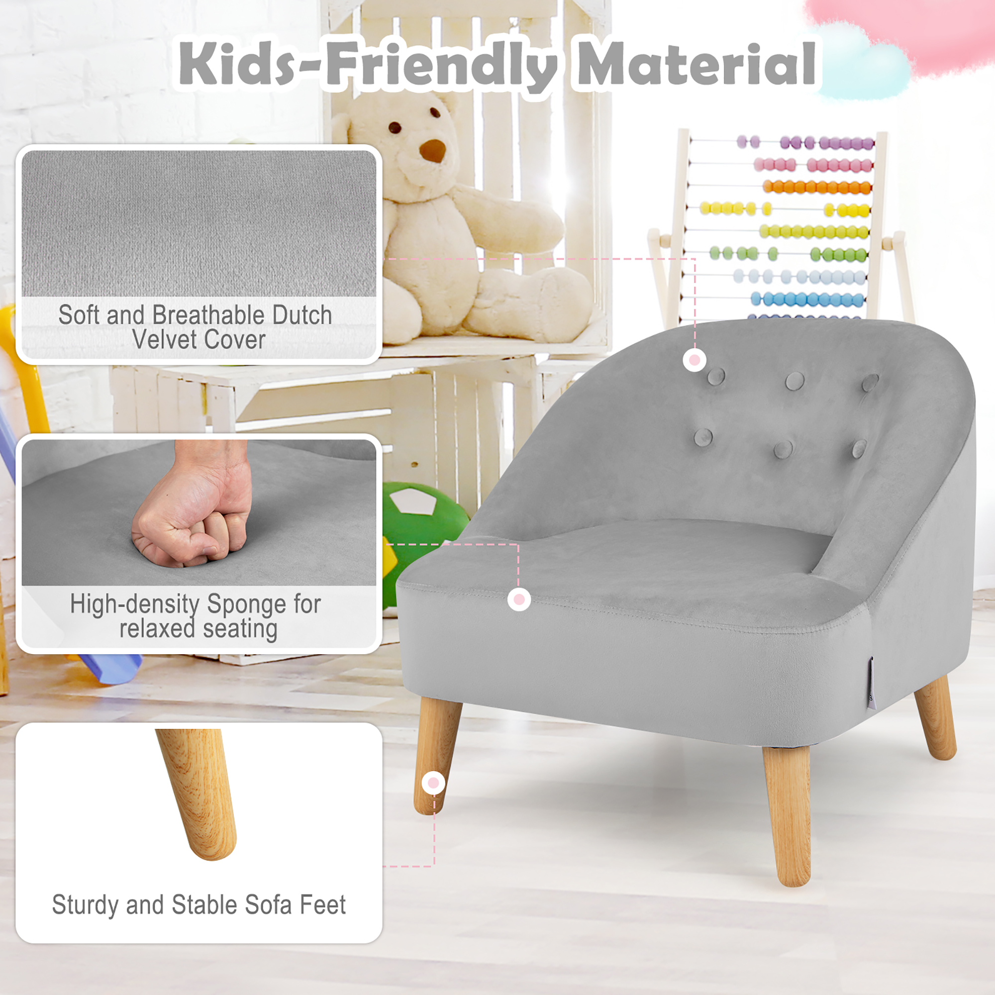 Costway Kids Sofa Chair w/ Ottoman Toddler Single Sofa Velvet Upholstered Couch Grey