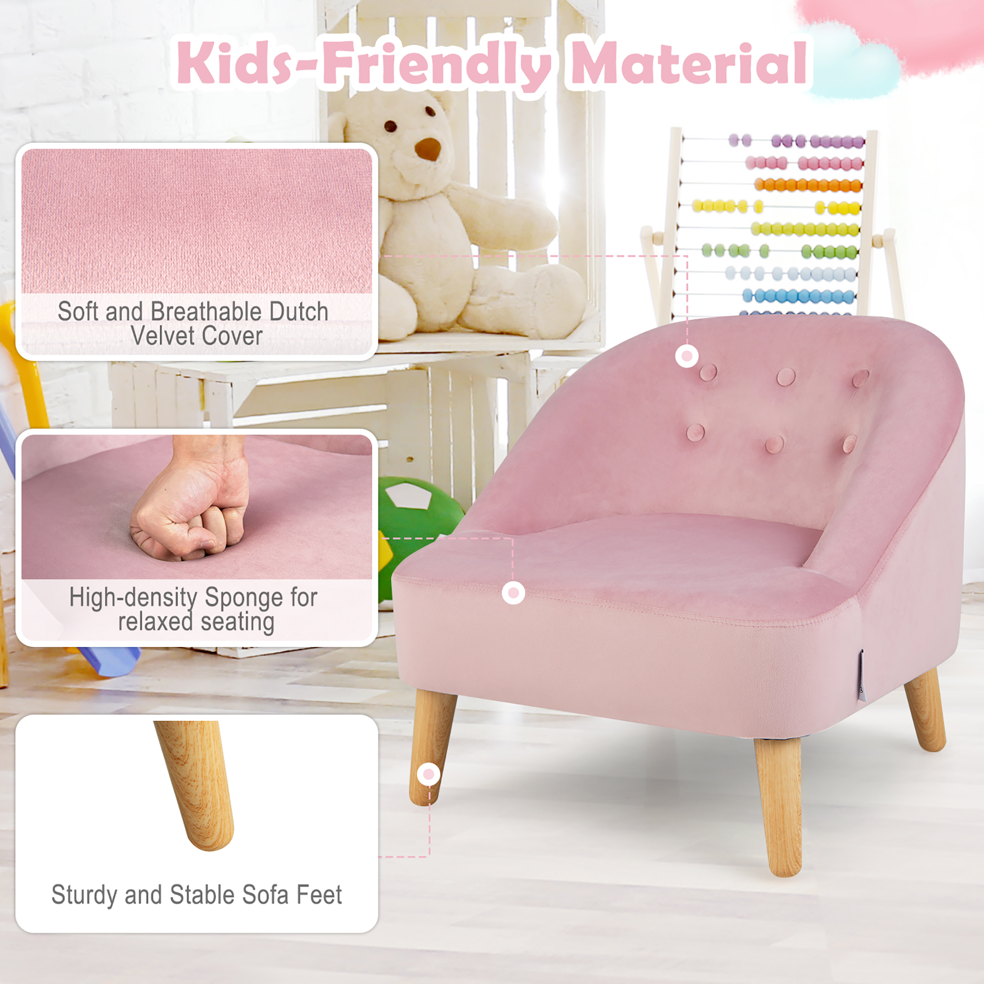 Costway Kids Sofa Chair w/ Ottoman Toddler Single Sofa Velvet Upholstered Couch Pink