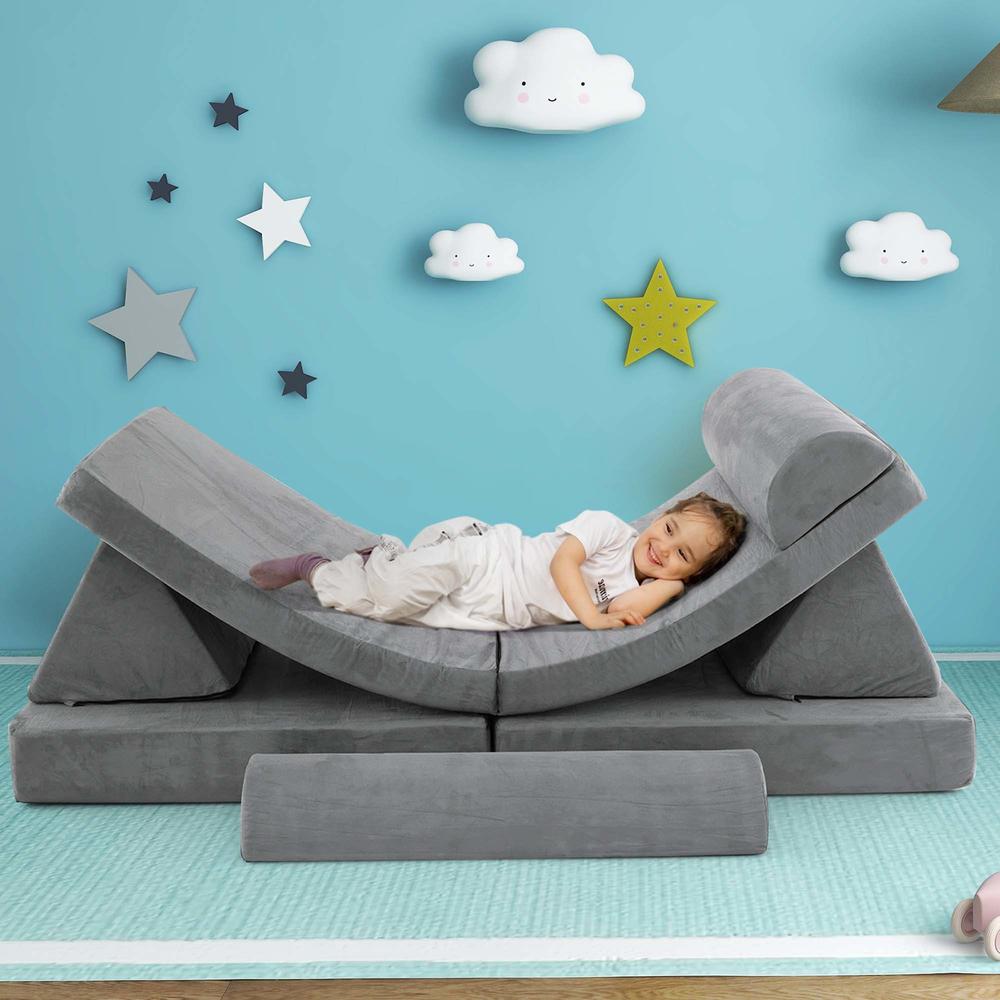 Costway 8 PCS Kids Play Sofa Set Modular Convertible Foam Folding Couch Toddler Playset Grey